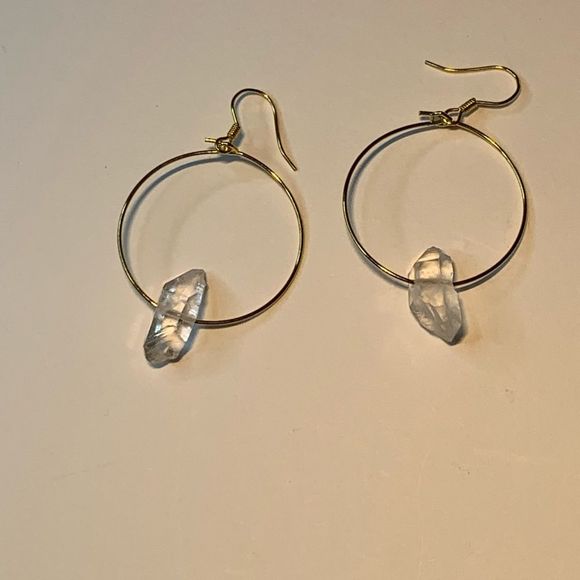 Clear quartz point hoop earrings 1.5”, gold tone - Picture 3 of 3